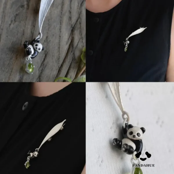 Panda and Bamboo Leaf Brooch