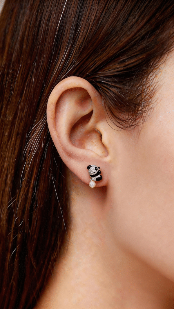 Asymmetric Reversible Crystal Panda Pearl Stud Earrings