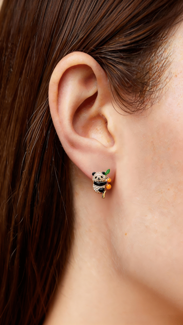 Gold Branch & Leaf Enamel Panda Crystal Stud Earrings