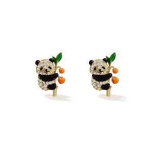 Gold Branch & Leaf Enamel Panda Crystal Stud Earrings