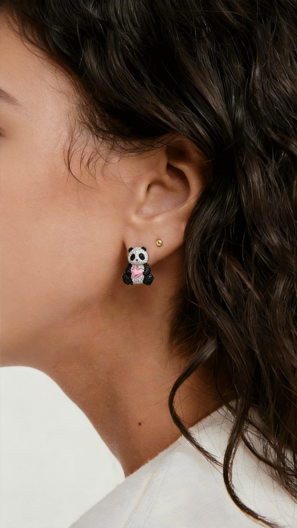 Panda Crystal Stud Earrings with Pink Heart