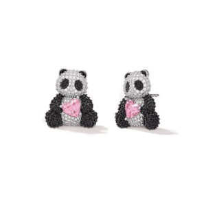 Panda Crystal Stud Earrings with Pink Heart