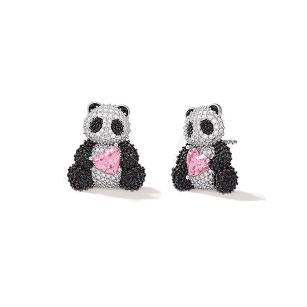 Panda Crystal Stud Earrings with Pink Heart