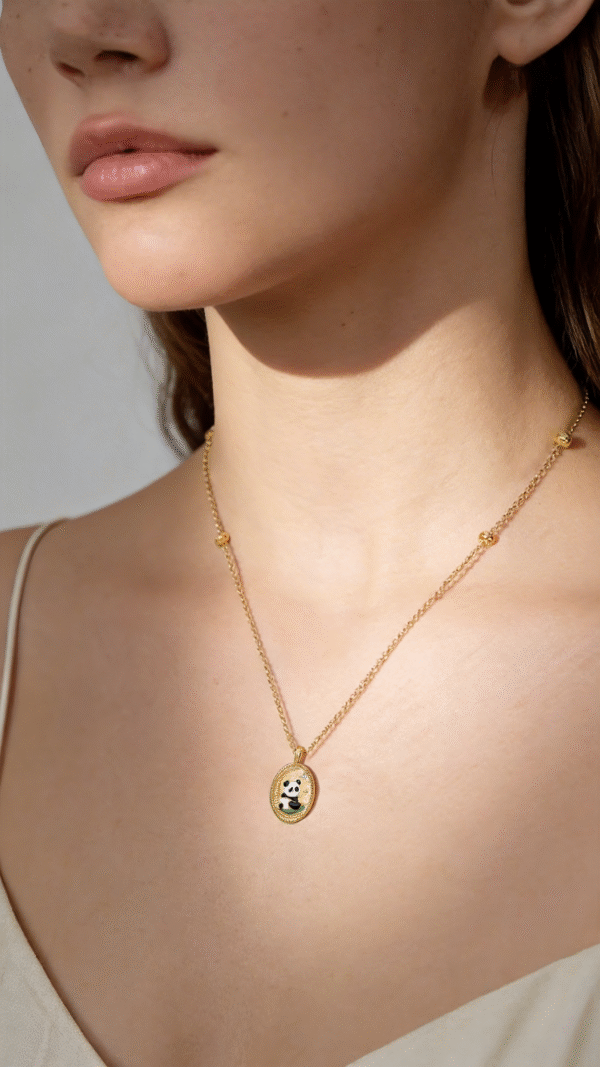 14K Gold Plated Enamel Panda Moon & Star Oval Pendant Necklace