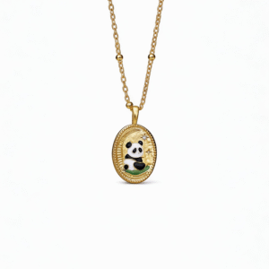 14K Gold Plated Enamel Panda Moon & Star Oval Pendant Necklace