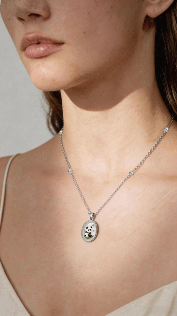 Platinum Enamel Panda Moon & Star Oval Pendant Necklace