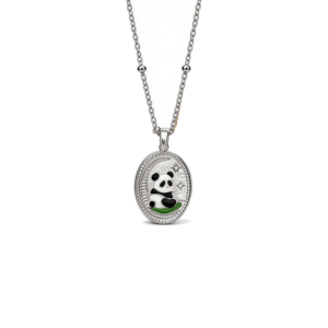 Platinum Enamel Panda Moon & Star Oval Pendant Necklace